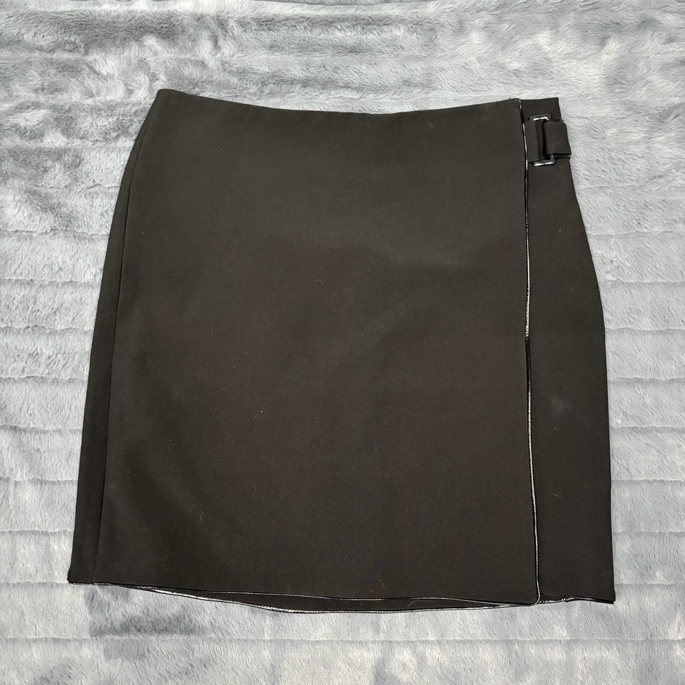 White House Black Market Black Faux Wrap Pencil Skirt Faux Leather Trim Size 4